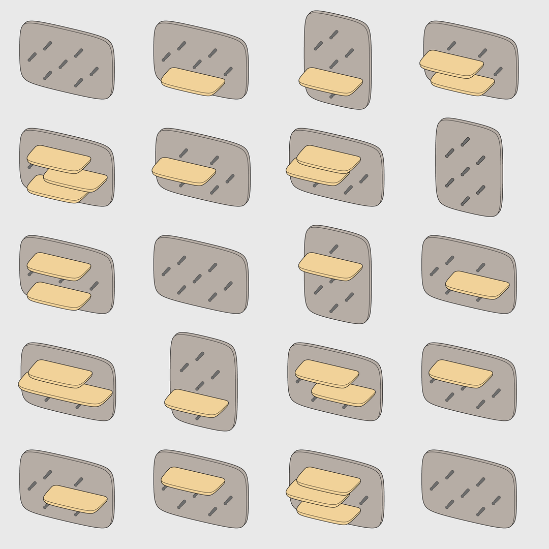 Configuration sketch of Mantel Pegboard 3x2 in portrait & landscape with wall shelving in different positions, or no shelving