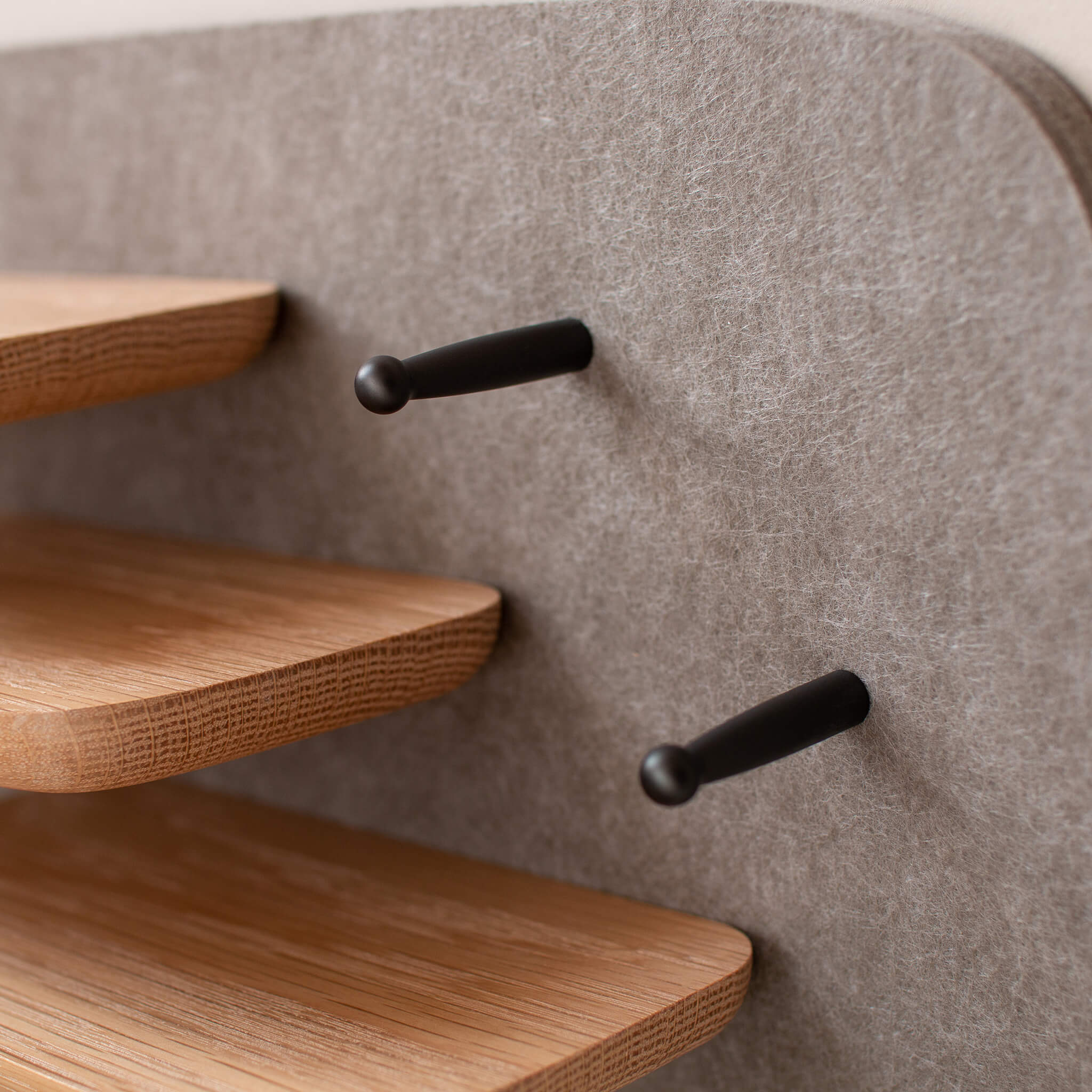 Mantel Pegboard detail: anodise aluminium pegs & American oak wood wall shelving on pinboard felt of Pebble / 2Peg 3Peg Shelf