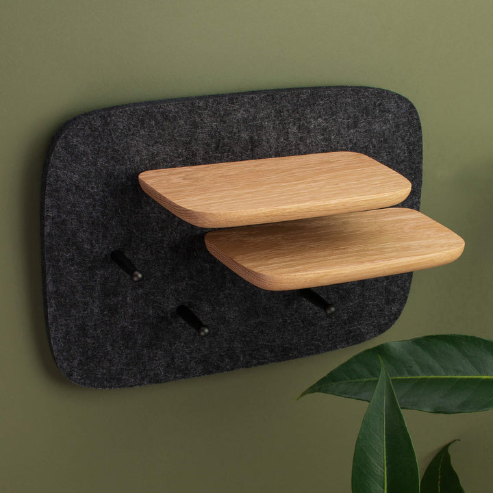 ObjctCo's Mantel Pegboard, Granite / 2Peg Shelf option, w/ charcoal felt pinboard & two wall shelves on green wall with plant