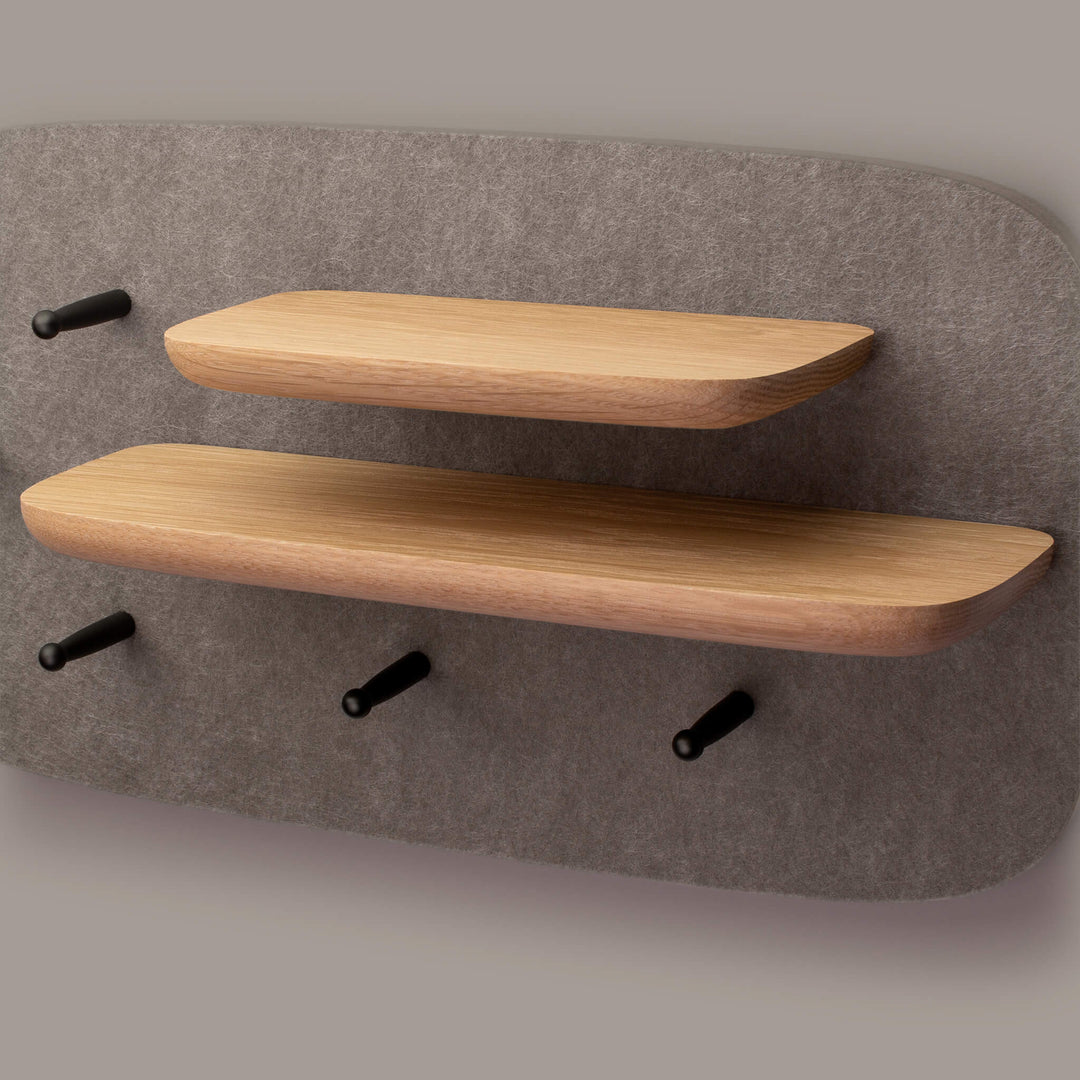 Mantel Wall Shelf, both 2Peg Shelf and 3Peg Shelf in solid American oak wood, assembled on 4x2 Pegboard with felt. By ObjctCo