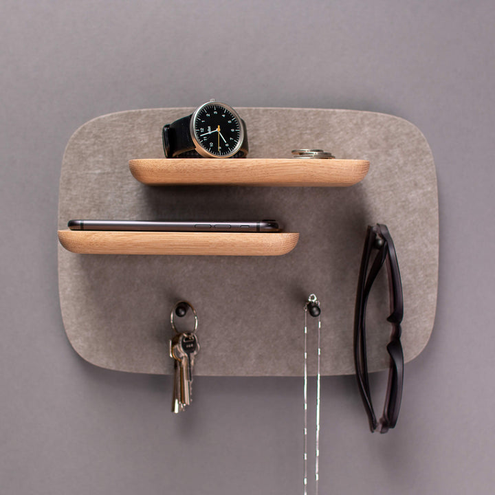 Mantel Pegboard, Pebble / 2x 2Peg Shelf option with EDC on shelving and pegs, such as keys, phone, glasses, watch, jewellery.