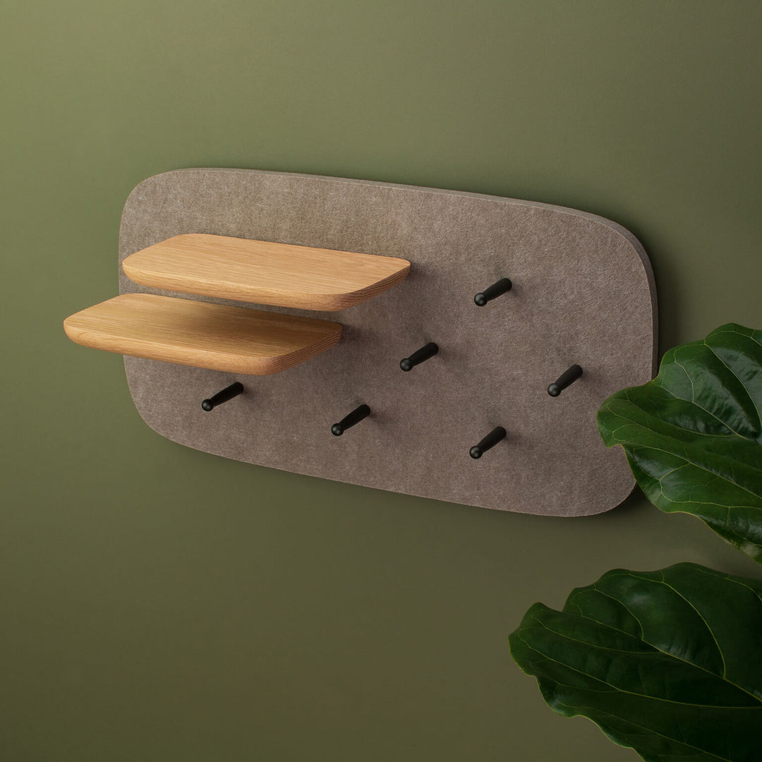 Mantel Pegboard, Pebble / 2Peg Shelf, on green wall with 2 wood shelves, made from sustainable materials by Objct Co