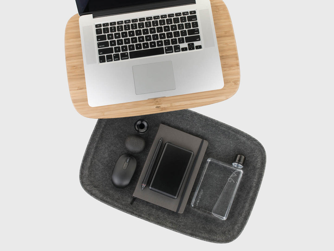 Charcoal, Ash Grey ObjctCo Lapod Lap Desk for edc organisation with Macbook on stable tray table for home, office or anywhere