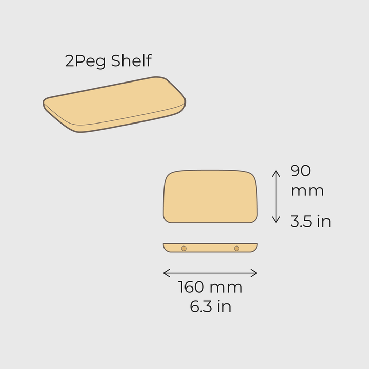 Mantel pegboard Wall Shelf, variant 2Peg Shelf, illustration to show dimensions and sizing of shelf. By Objct Co