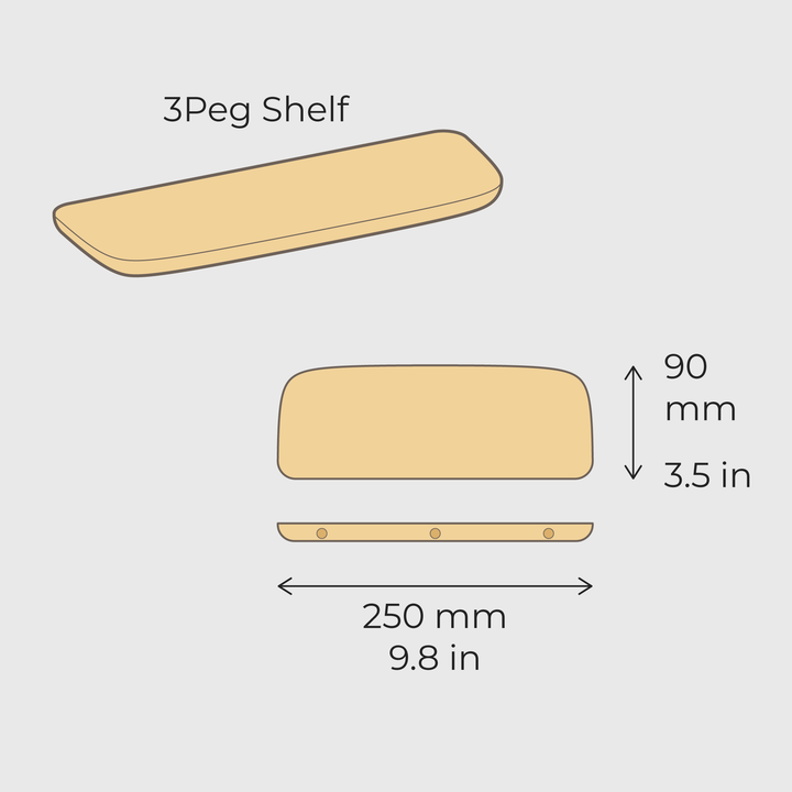 Mantel pegboard Wall Shelf, variant 3Peg Shelf, illustration to show dimensions and sizing of shelf. By Objct Co