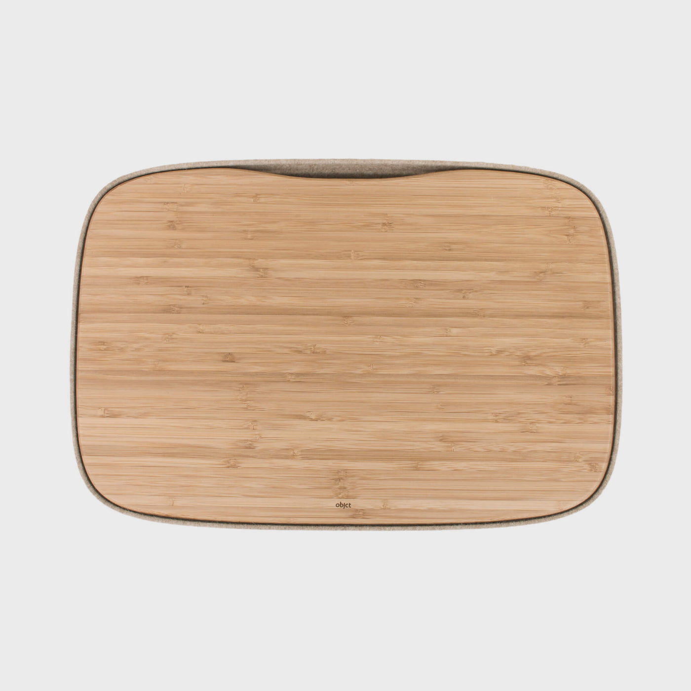 Top view of Lapod Lap Desk by Objct, in Oatmeal or Ash Grey, sustainable bamboo tray and felt showing cable management slot