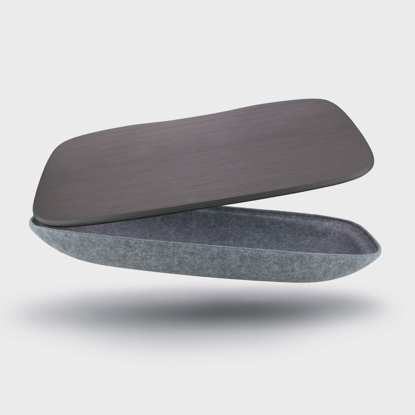 Lapod lap desk with storage limited edition with colour lap tray, floating and open. Felt, bamboo: Graphite / Ash grey