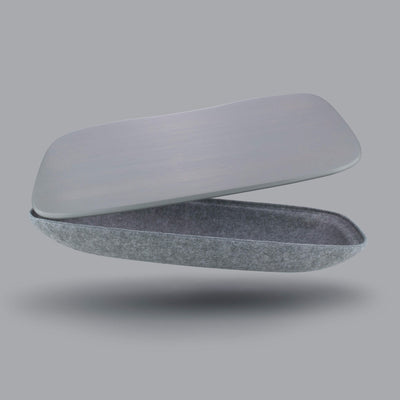Lapod lap desk with storage limited edition colour bamboo lap tray. Floating, open over grey background. Smoke / Ash grey