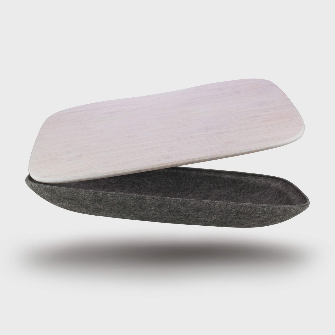 Lapod lap desk with storage limited edition with colour lap tray, floating and open. Felt, bamboo: Grain / Charcoal