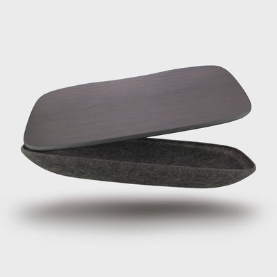 Lapod lap desk with storage limited edition with colour lap tray, floating and open. Felt, bamboo: Graphite / Charcoal