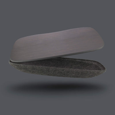 Lapod lap desk with storage limited edition colour bamboo lap tray. Floating, open over night background. Graphite / Charcoal