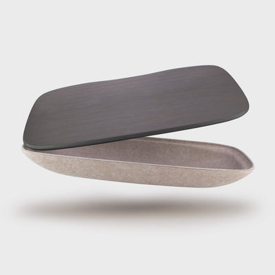 Lapod lap desk with storage limited edition with colour lap tray, floating and open. Felt, bamboo: Graphite / Oatmeal