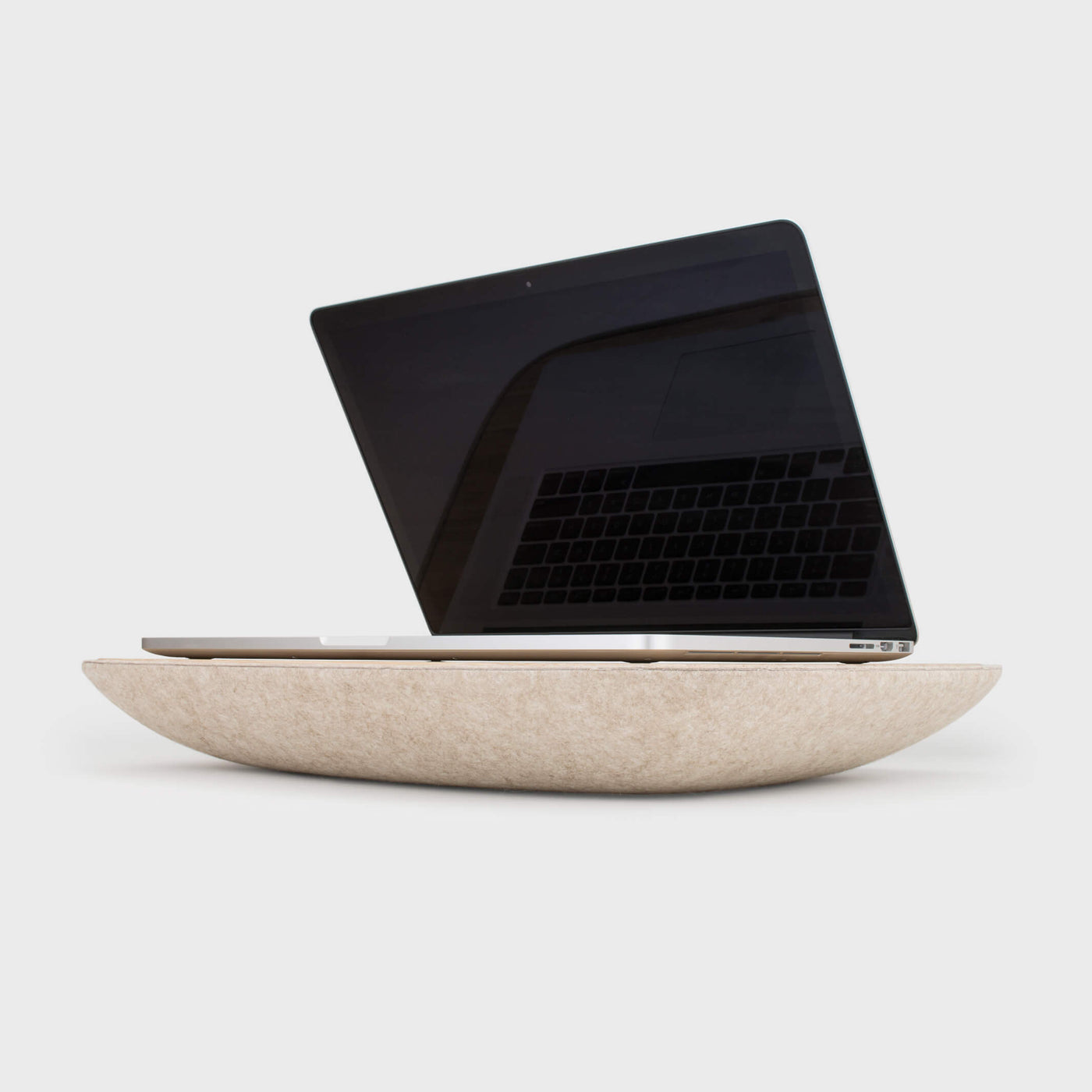 Macbook on oatmeal or Ash Grey cushion of Australian design Objct Lapod LapDesk storage organiser, or lap table & compartment