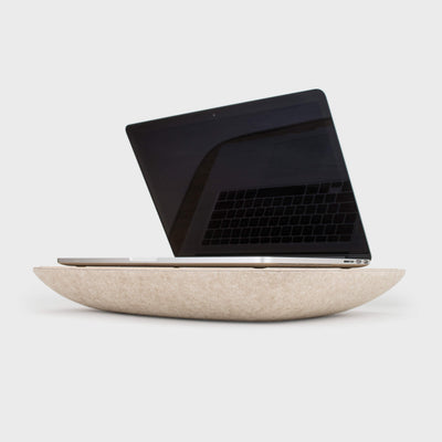 Mac on Oatmeal or Ash Grey cushion. Australian design Objct Lapod LapDesk storage organiser, with lap table & compartment