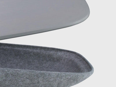 detail closeup LAPOD lap desk tray table with storage compartment pod floating and open in ash felt and smoke bamboo