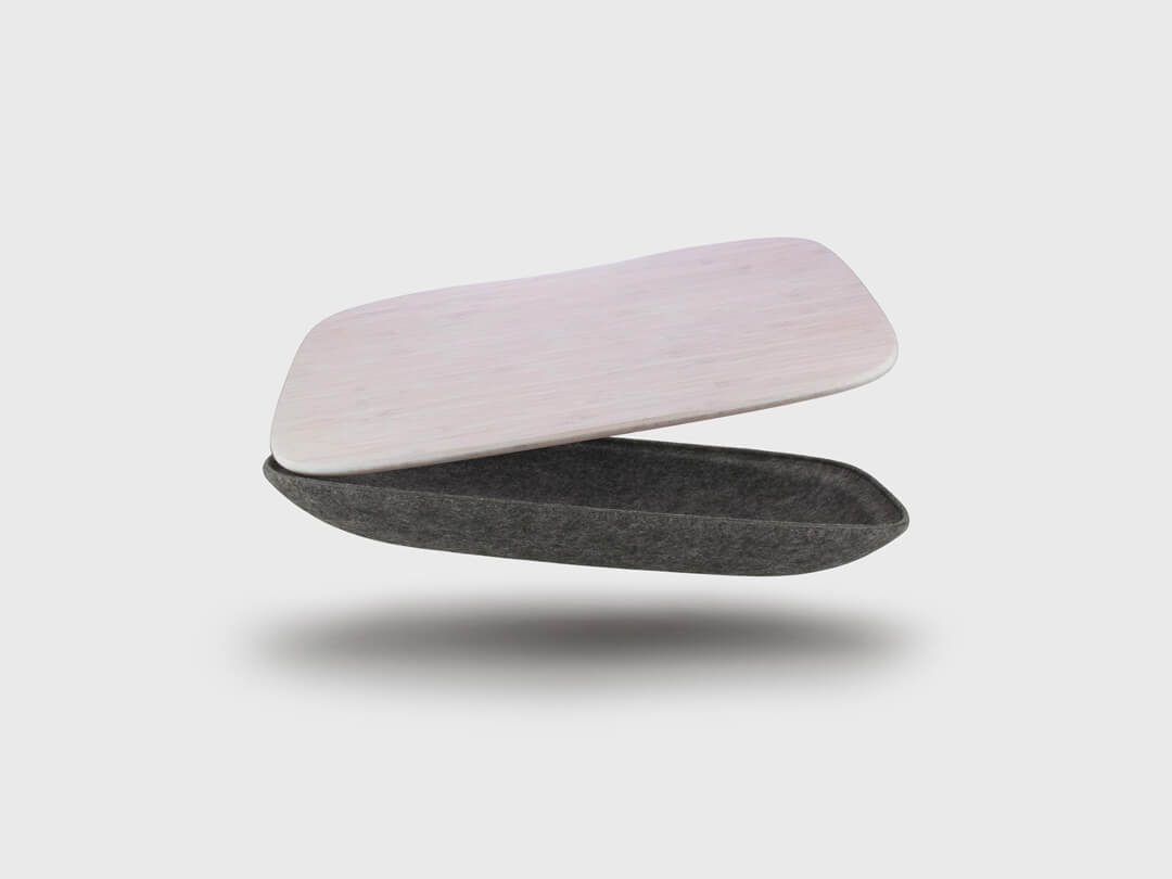 LAPOD lap desk tray table with storage compartment pod floating and open in charcoal felt and grain bamboo