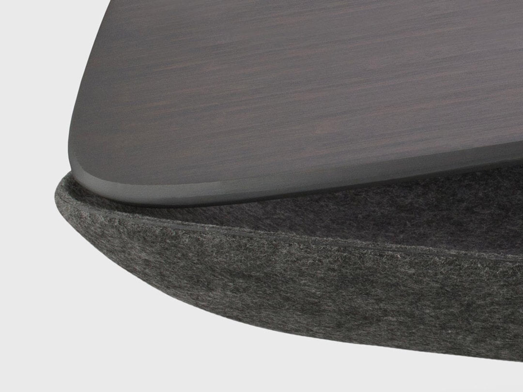 detail closeup LAPOD lap desk tray table with storage compartment pod floating and open in charcoal felt and graphite bamboo