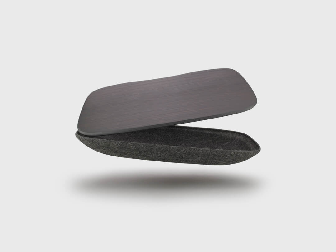 LAPOD lap desk tray table with storage compartment pod floating and open in charcoal felt and graphite bamboo