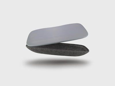 LAPOD lap desk tray table with storage compartment pod floating and open in charcoal felt and smoke bamboo