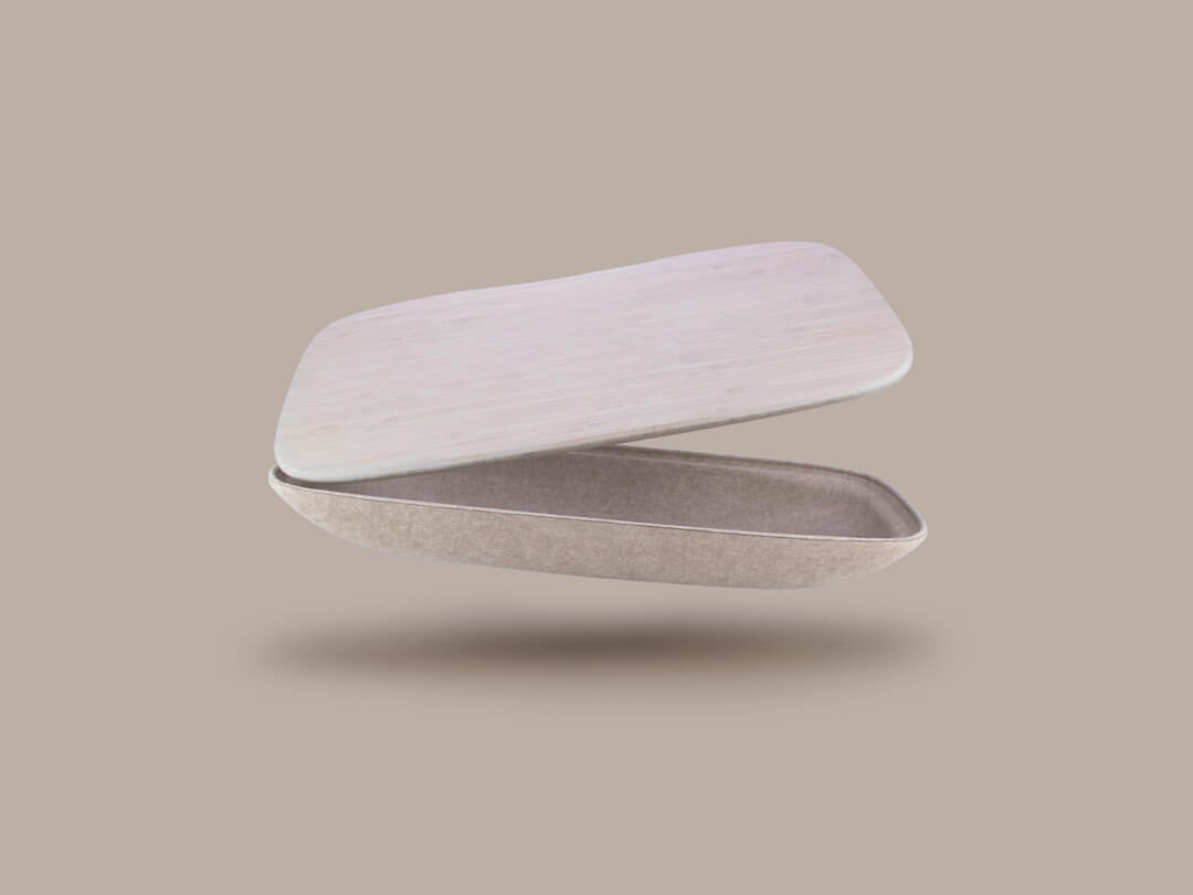 LAPOD lap desk tray table with storage compartment pod floating and open in oatmeal felt and natural bamboo latte background