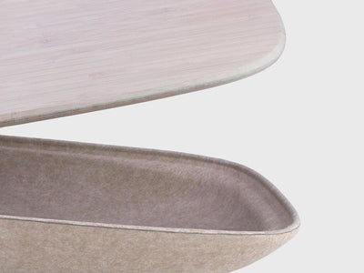 detail closeup LAPOD lap desk tray table with storage compartment pod floating and open in oatmeal felt and grain bamboo