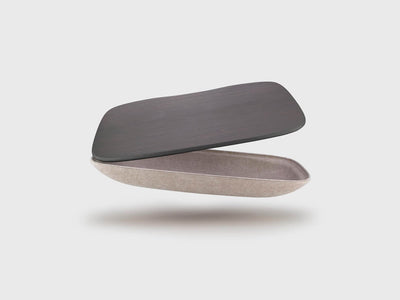 LAPOD lap desk tray table with storage compartment pod floating and open in oatmeal felt and graphite bamboo
