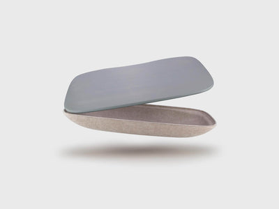 LAPOD lap desk tray table with storage compartment pod floating and open in oatmeal felt and smoke bamboo